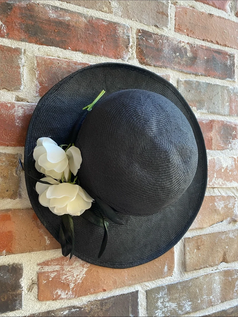 Vintage Miss Bierner Black Wide-Brim Dress Hat with Floral & Feather Accent
